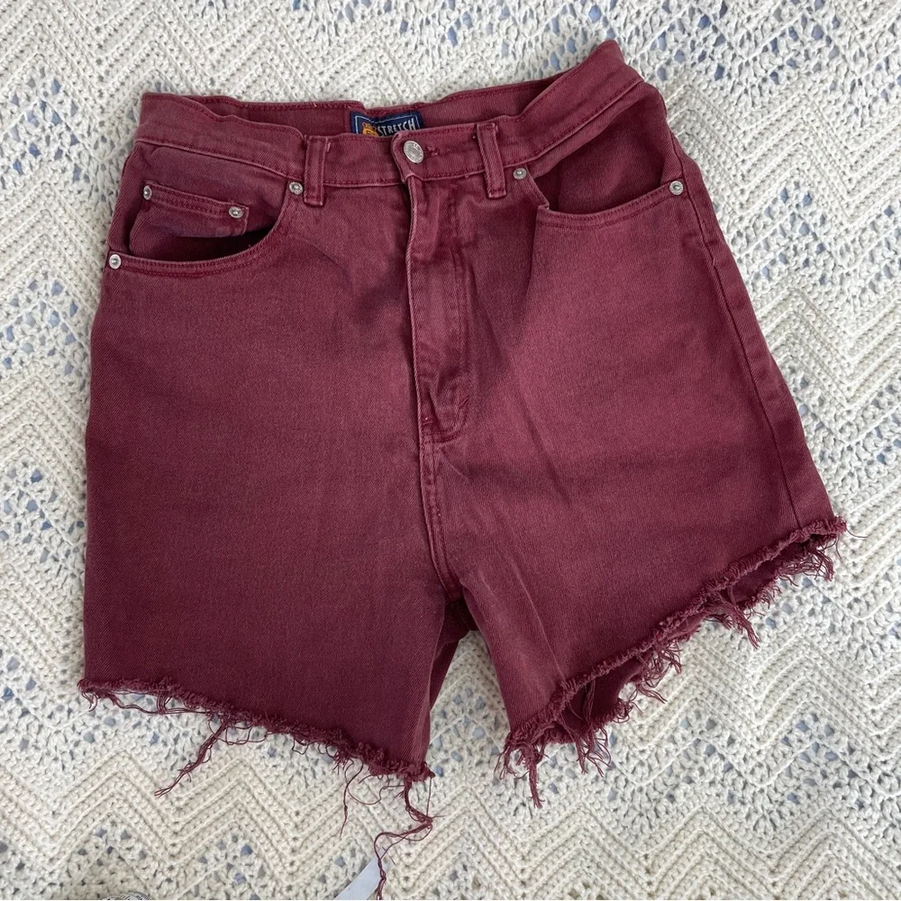 Vintage Shorts High Waisted Cut Off Mom Jean Burgundy Fraying Distressed 90s Red - Picture 3 of 6
